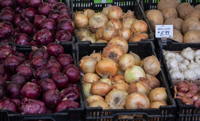 Bins full of onions and shallots for sale in a local market