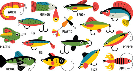 Naklejka premium Variety of Fishing Lures Types Worm, Minnow, Spoon, Fly, Jig, Crank, Buzz, Squid, and Popper Lures