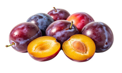 Fototapeta premium A group of fresh ripe purple plums with one fruit cut in half to show the yellow flesh and stone, isolated on a white background.