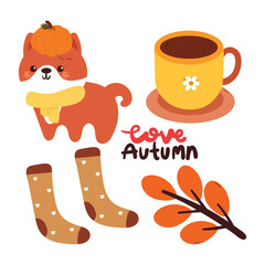 cute hand drawing cartoon puppy with autumn falls element drawing for stickers, icon