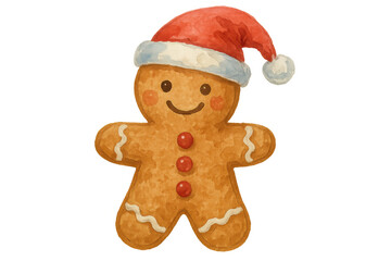 Gingerbread man wearing santa hat, watercolor christmas cookie for holiday season designs with transparent background