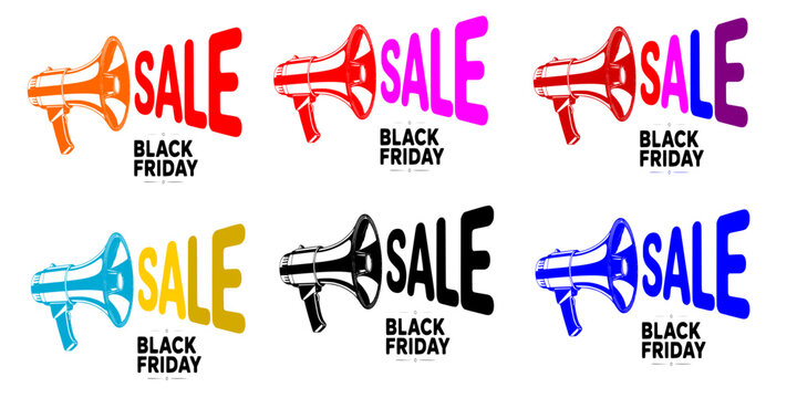 Black Friday sale megaphone icons set, colorful loudspeaker discount banners, retail promotion design, marketing announcement template, vector illustration for online shopping and ecommerce deals