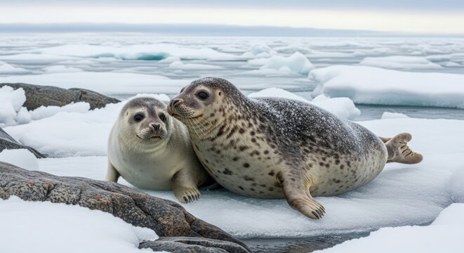 Two seals sitting on icy shore with snowy