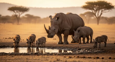 A large rhino and several smaller ones gather