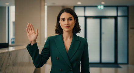 A confident businesswoman in a modern office raises her hand to take an oath or vote, symbolizing integrity, commitment, and active participation