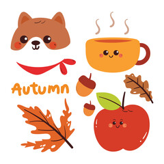 cute hand drawing cartoon puppy with autumn falls element drawing for stickers, icon