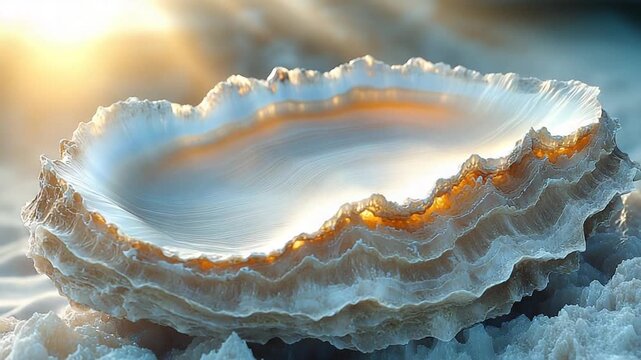 Stunning iridescent shell resting on a rocky shore