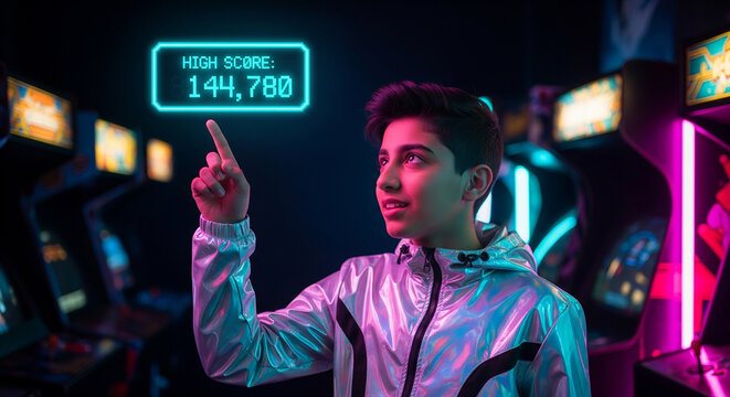 A young gamer in futuristic attire pointing at a glowing high score screen in an arcade, representing achievement, victory, and virtual competition