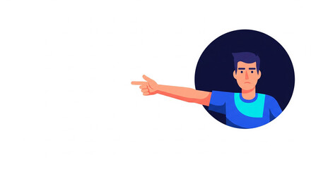 A cartoon man in a circular frame pointing to the side, a perfect illustration for guiding attention or as a profile avatar in a user interface