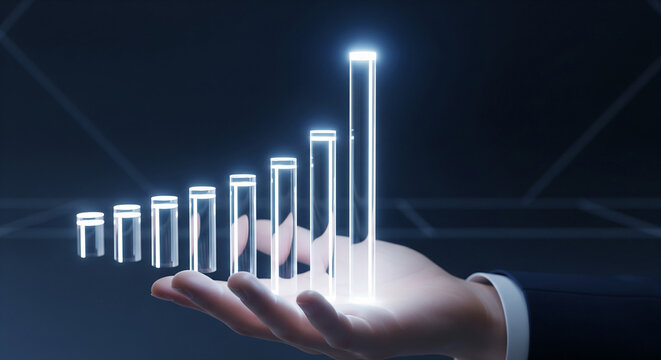 A hand presenting a holographic bar chart with a glowing upward trend, a concept for business growth, data visualization, and successful financial performance