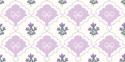 Coquette Floral trellis seamless pattern with bows and ribbons. Preppy spring summer hand drawn flowers. Botanical elegant trendy print. Vintage design for fabric, wallpaper, decor, background, paper