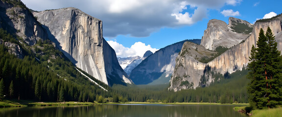 Yosemite Valley panoramic with El Capitan, Half Dome, Bridalveil Fall and Merced River