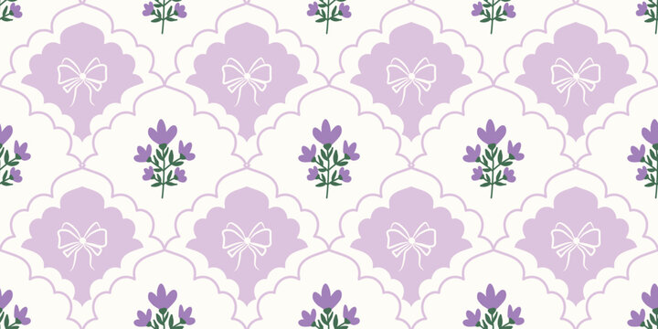 Coquette Floral trellis seamless pattern with bows and ribbons. Preppy spring summer hand drawn flowers. Botanical elegant trendy print. Vintage design for fabric, wallpaper, decor, background, paper