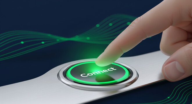 A finger pressing a glowing green 'Connect' button, a dynamic concept for initiating a connection, starting a process, or accessing a digital network