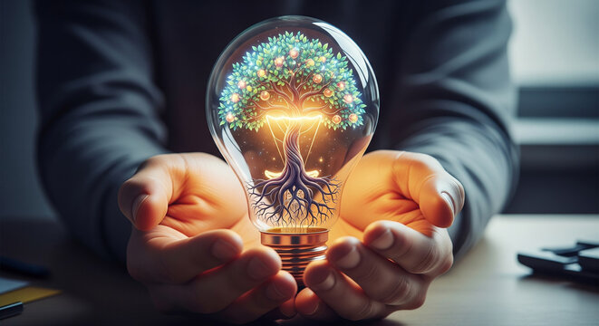 Hands holding a lightbulb with a glowing digital tree inside, a concept for green energy, sustainable innovation, and eco-friendly business ideas
