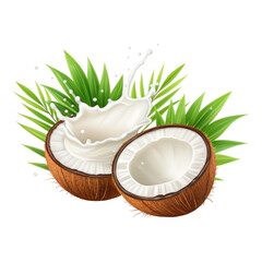 Halved Coconut with Splash of White Liquid and Pandan Leaf on a Checkered Transparent Background