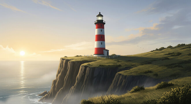 A majestic lighthouse stands on a seaside cliff at sunset, a powerful concept for guidance, safety, navigation, and steadfast leadership in business