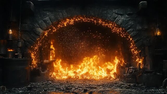 Fiery furnace with glowing embers and smoke rising