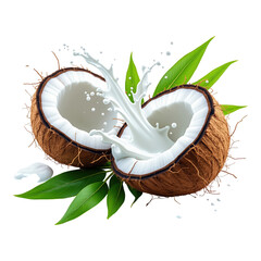 Halved Coconut Fruit with Splash of White Coconut Milk and Green Leaves on Transparent Background