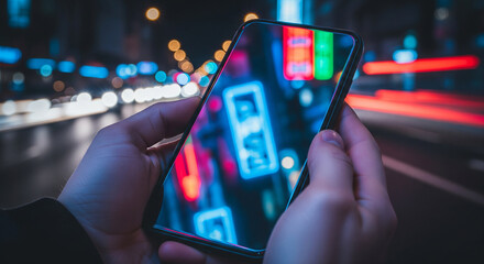 Hands holding a smartphone on a dynamic city street at night with motion blur lights, illustrating fast-paced urban life and constant mobile connectivity