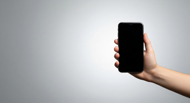 A hand holding a smartphone with a blank black screen against a clean grey background, a perfect minimalist mockup for app design and mobile presentations