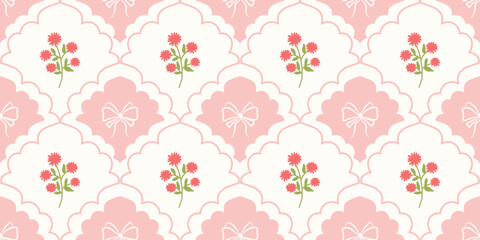 Coquette Floral trellis seamless pattern with bows and ribbons. Preppy spring summer hand drawn flowers. Botanical elegant trendy print. Vintage design for fabric, wallpaper, decor, background, paper