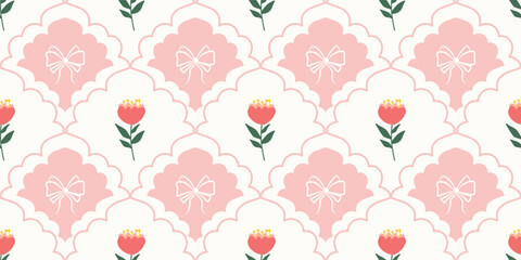 Coquette Floral trellis seamless pattern with bows and ribbons. Preppy spring summer hand drawn flowers. Botanical elegant trendy print. Vintage design for fabric, wallpaper, decor, background, paper