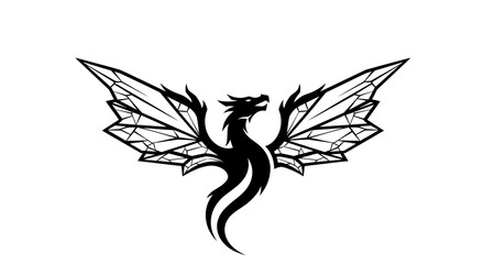 A striking black silhouette of a dragon with geometric, crystalline wings spread wide against a white background.