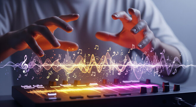 A DJ's hands create a vibrant soundwave with glowing musical notes over a mixer, a concept perfect for music production, sound engineering, and audio creativity