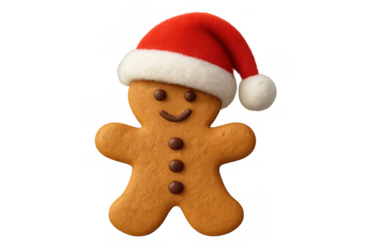 Gingerbread man cookie wearing santa hat celebrating seasonal christmas holiday, isolated background