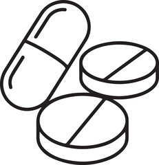 Simple line art illustration of pills and capsule