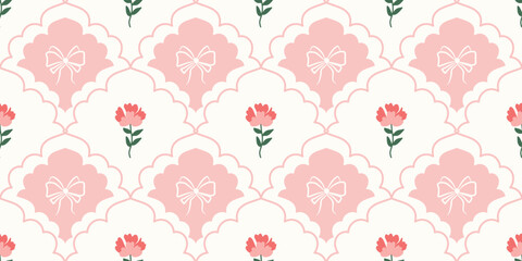 Coquette Floral trellis seamless pattern with bows and ribbons. Preppy spring summer hand drawn flowers. Botanical elegant trendy print. Vintage design for fabric, wallpaper, decor, background, paper