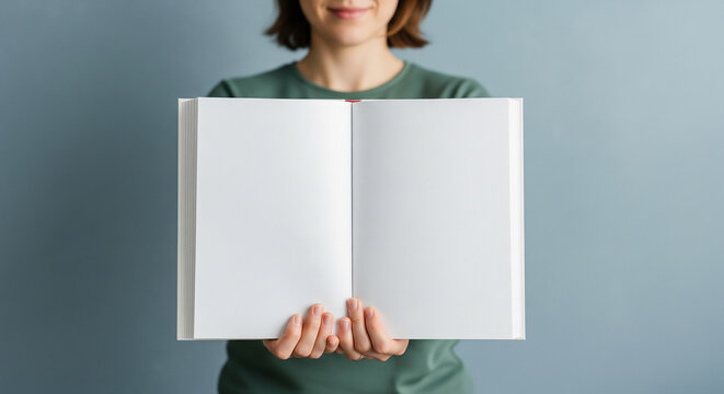 A person holding an open book with blank white pages, a versatile mockup perfect for storytelling concepts, new chapters, education, or custom text placement