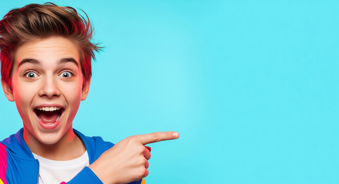 An excited young boy with a joyful expression pointing to the side against a vibrant blue background, perfect for fun announcements or drawing attention