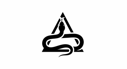 A black snake coiled around a black triangle on a white background.