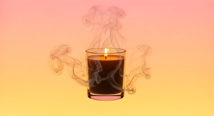 A candle in a glass jar with smoke, set against a gradient background