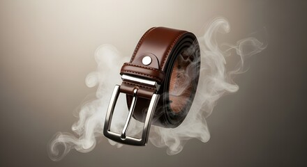 A brown leather belt with a silver buckle surrounded by smoke effect