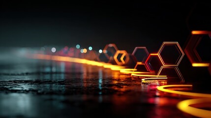 Abstract futuristic design with illuminated hexagons and blurred bokeh in a dark environment