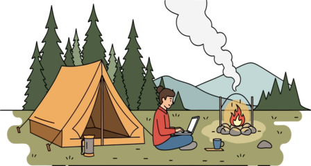 Young Woman Working on Laptop at Campsite with Tent, Campfire, and Scenic Mountain Forest