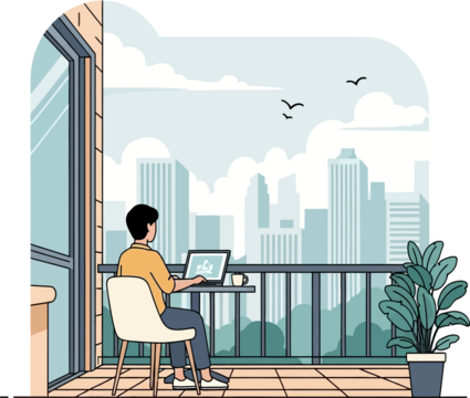 Man working on laptop on balcony with city skyline, remote work from home in urban environment.