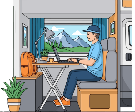 Man working on laptop in camper van with mountain view - Powered by Adobe