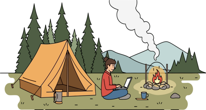 Young Woman Working on Laptop at Campsite with Tent, Campfire, and Scenic Mountain Forest - Powered by Adobe
