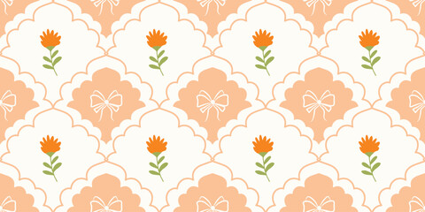 Coquette Floral trellis seamless pattern with bows and ribbons. Preppy spring summer hand drawn flowers. Botanical elegant trendy print. Vintage design for fabric, wallpaper, decor, background, paper