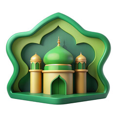 3D Rendered Mosque Design in Green and Gold Tones for Religious Art and Celebration Graphics