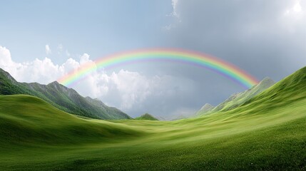 Naklejka premium Lush Green Landscape Under a Vibrant Rainbow with Dramatic Clouds and Majestic Mountains in the Background Capturing Nature's Beauty