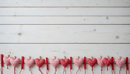 A Valentine-themed background featuring a row of DIY sewn pillow hearts attached to red clothespins on rustic white wooden planks. It's a mockup for a Happy Lovers Day card with space for your message