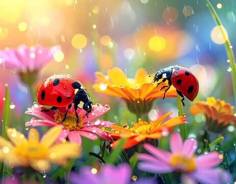 Two ladybugs on colorful flowers in summer rain