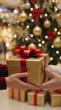Close-up of hands giving and receiving a festive golden present with a red bow, with a decorated holiday tree in the background