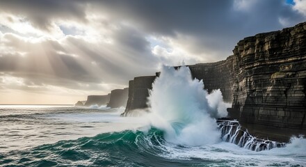 Crashing waves against the rugged cliffs on a sunny day in ireland