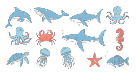 Obraz premium Vector set of cartoon sea animals including fish, shark, dolphin, octopus, turtle, crab, and whale for an underwater nature illustration